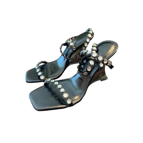 Jessica Rich Diamond Embellished Ankle Strap Wedge Sandals Square Toe Black 7/37 - Picture 2 of 13